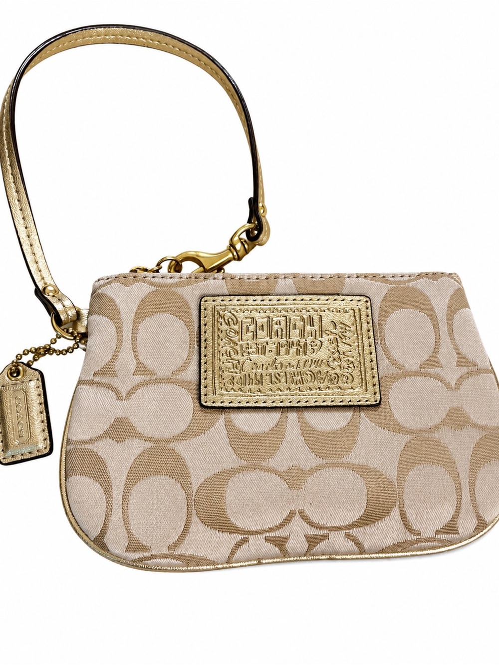 New WOT! Coach Neutral Signature Mini Wristlet with Gold Trim